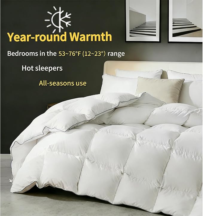 Goose Down Comforters 100% Cotton Shell Queen Size Comforter Luxury Duvet Insert, All Season White Bed Comforter Medium Warmth Goose Down Duvet,430 Thread (Queen 90x90)