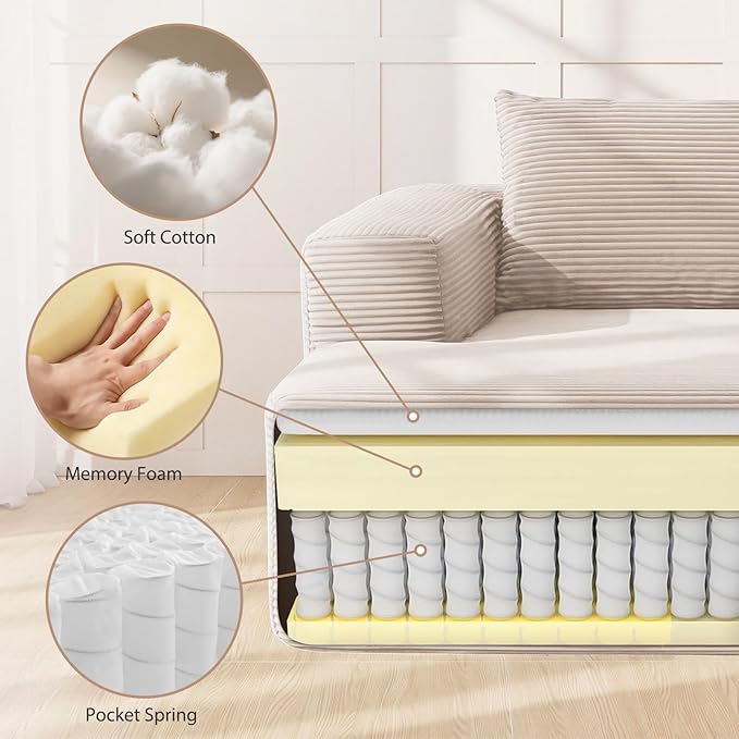 97inch Boneless L-Shaped Sectional Sofa with Throw Pillow & Side Pockets- No Assembly Compressed Modular Couch, Memory Foam, Deep Seat for Living Room, Bedroom, Apartment White Left