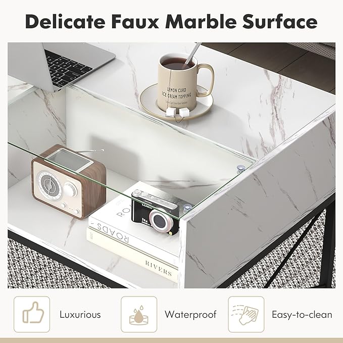 Giantex LED Coffee Table, High Gloss Coffee Tables with 4 Storage Cubes, 20-Color Lights, Remote Control, Faux Marble & Tempered Glass Top, Modern Accent Rectangle Center Table for Living Room (White)