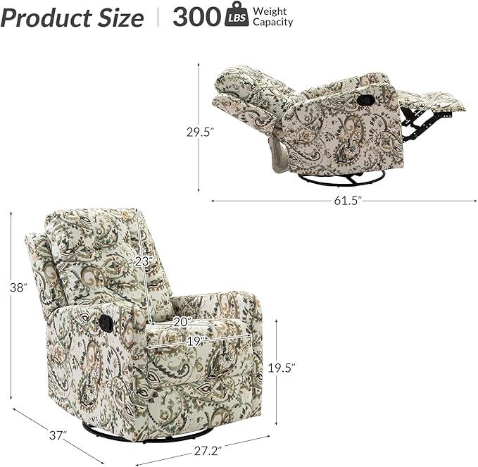 HULALA Home Recliner Chair Set of 2, Modern Printed Fabric for Living Room, Rocker Recliner Sofa Comfy Armchair 360 Degree Swivel, Nursery Rocking Chairs with Adjustable Backrest & Footrest/SAGE