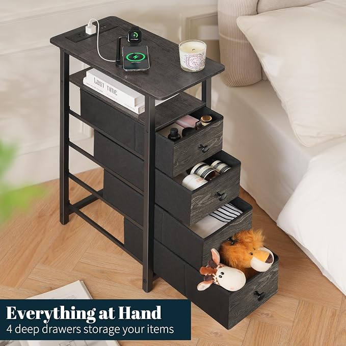 Yoobure LED Narrow Nightstand with Charging Station - Slim Dresser for Bedroom Narrow Side Table Storage Cabinet, Small Dressers Chest of Drawers, Tall Skinny Night Stand End Table for Small Spaces - Image 5