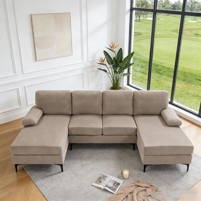106" U-Shape Sectional Couches with Double Chaise, Upholstered Sofa with Polyester Blend Fabric, Modern 4 Seat Modular Sofa with Sturdy Metal Legs for Living Room, Apartment, Khaki