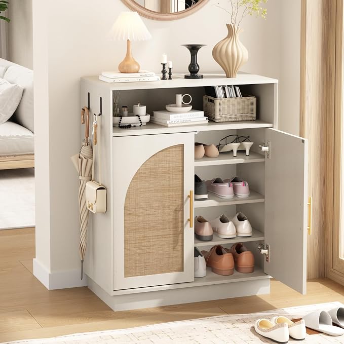 HOKYHOKY Rattan Shoe Storage Cabinet with 2 Arched Doors, 5-Tier Deep Shoe Organizer with Adjustable Shelves, Farmhouse Boho Shoe Rack Cabinet for Entryway, Rustic White - Image 7
