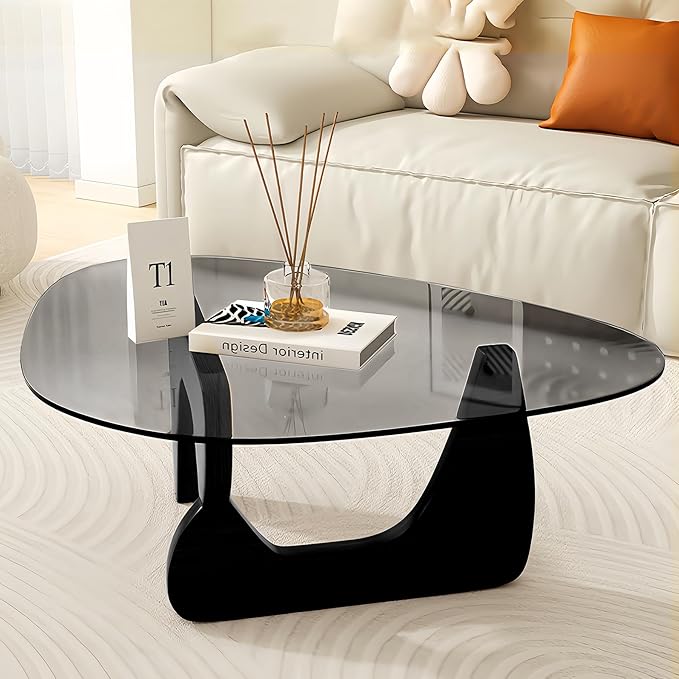 Black Glass Coffee Table for Living Room, Mid Century Modern Coffee Table with Tempered Glass Top and Solid Wood Base, Farmhouse Center Table for Small Space, Tea Tables