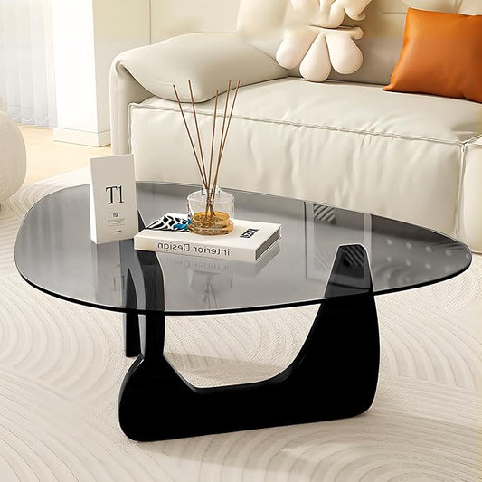Black Glass Coffee Table for Living Room, Mid Century Modern Coffee Table with Tempered Glass Top and Solid Wood Base, Farmhouse Center Table for Small Space, Tea Tables
