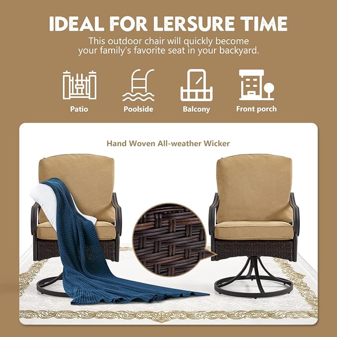 EROMMY Patio Swivel Chairs Set of 2, Outdoor Swivel Chairs with Cushion, Patio Dining Chairs for Garden, Patio, Backyard and Balcony, Khaki - Image 6