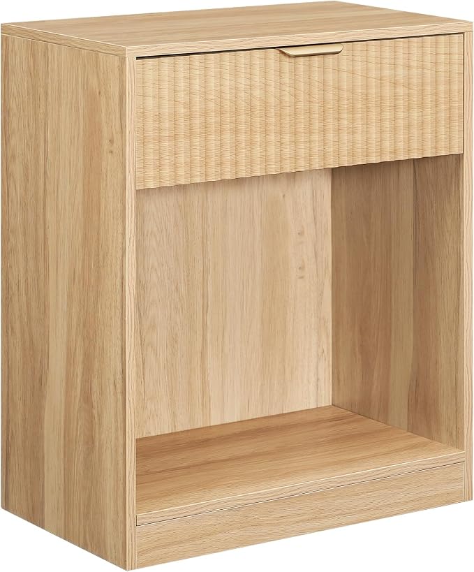 HOOBRO Fluted Nightstand, Modern Bedside Table with 1 Drawer and 1 Open Compartment, Wooden End Table with Metal Handle, for Bedroom and Office, Natural NL208BZ01 - Image 8