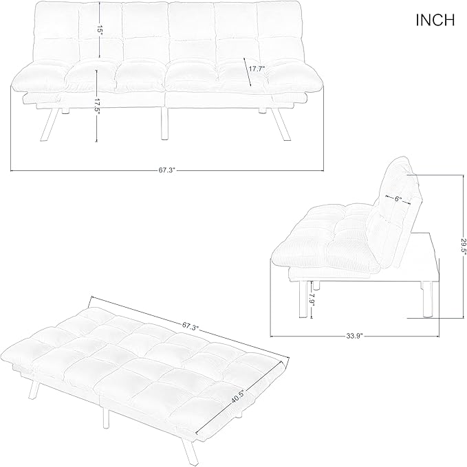 Convertible Futon Sofa Bed, Corduroy Small Futon Couch with Adjustable Armrest & Backrest, Loveseat Sofa Bed for Living Room, Bedroom, Deep Gray