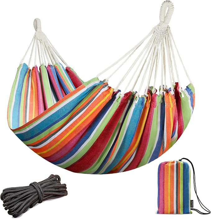 JoyView Brazilian Double Hammock with Hanging Ropes Extra Large 86.6x59” Portable Cotton Hammock for Patio Backyard Porch 450LBS Weight Capacity Perfect for Outdoor/Indoor - Color Stripes by JoyView