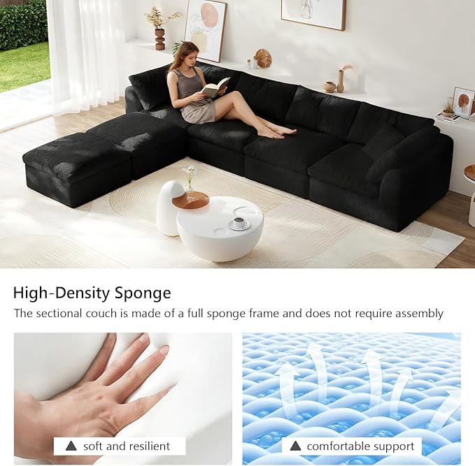 138" Modular Sectional Sofa Boneless Cloud Couch for Living Room, U Shape Deep Seat Recliner Sofa with Ottoman, Adjustable Backrest & 2 Throw Pillows - Covers Washable, (Black, 4 Seater+2 Ottoman)