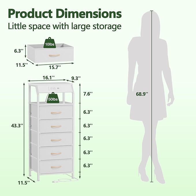 Furnulem 5 Drawers Dresser with Charging Station, Tall Night Stand with Open Shelf, Storage Tower with PVC & Fabric Drawer, Bedside Table for Bedroom, Closet, Entryway, 3 Ways to Use, White - Image 3