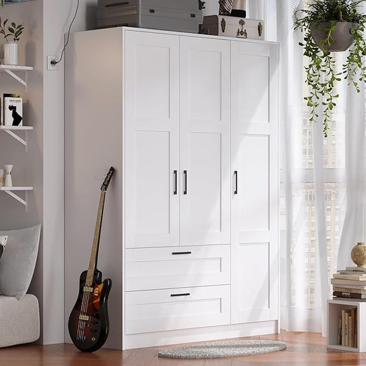 Fenghua Lizhi 3 Doors Wooden Wardrobe Closet Armoire, White Storage Cabinet for Hanging Clothes, Bedroom Large Capacity Freestanding Armoire,Wood Wardrobe Combination with Shelves (2drawer, White)