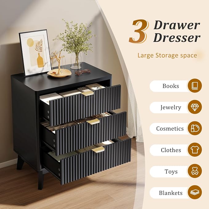 LYNCOHOME Fluted Nightstand Set of 2, Wood Bedside Table with 3 Drawers, Modern Farmhouse Storage End Table for Bedroom, Black - Image 4