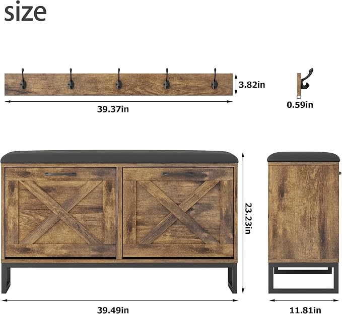 Maupvit Shoe Cabinet with 2 Flip Drawers & Coat Rack, Shoe Storage Bench with Seat Cushion for Entryway, 5 Large Sturdy Metal Hooks - with Locking Wall Parts, Rustic Brown - Image 2