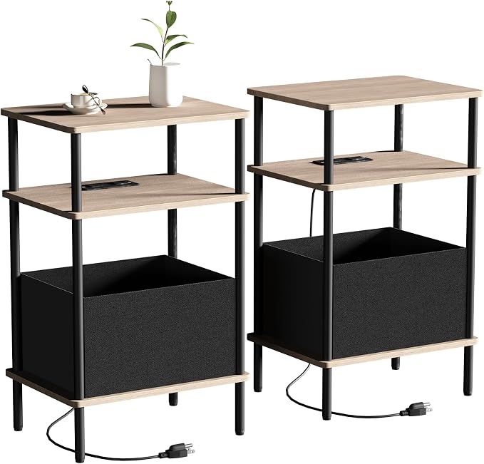Small Side Table with Charging Station, Set of 2 End Table for Small Spaces, Slim Nightstand with Outlet,Sofa Beside Table, 3-Tier Storage Shelf,Living Room, Bed Room, Natrual Walnut by Unknown