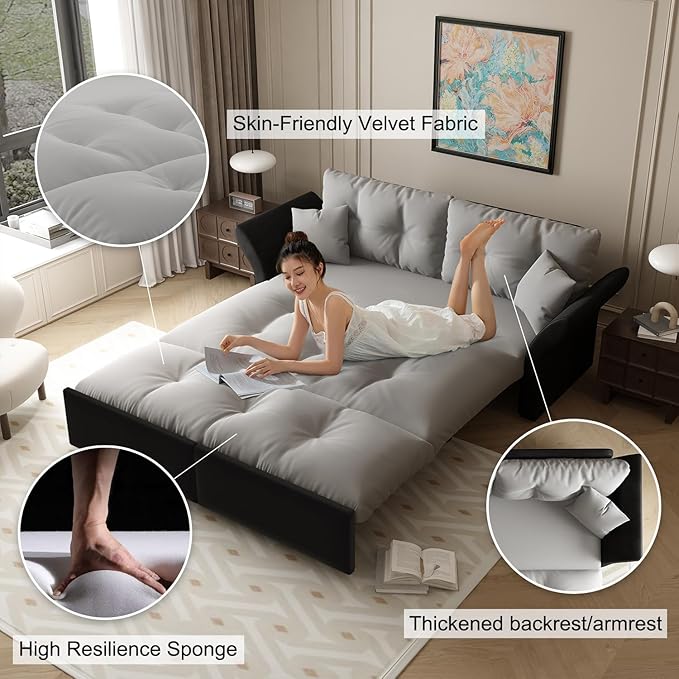 Eafurn 3-in-1 Convertible Sofa Bed Queen Size Pull Out Sleeper Sofa with Skin-Friendly Velvet Fabric, Multi-Functional Loveseat with Pillow Armrest for Guest Room & Living Room