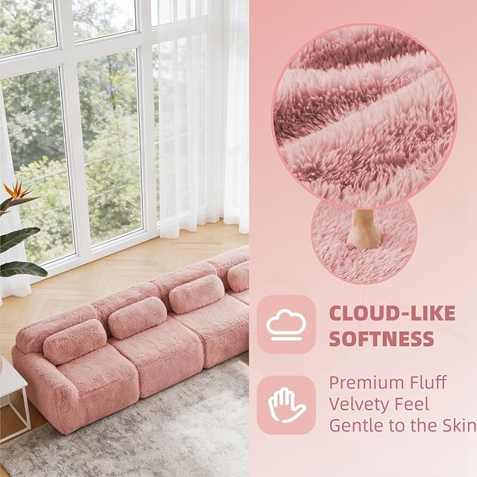 149" L-Shaped Boneless Modular Sofa, Plush Foam Lounge Couch, 32D High Density Sponge, Plush Convertible Sofa Set Deep Seat Couches for Living Room, Bedroom and Apartment, Pink
