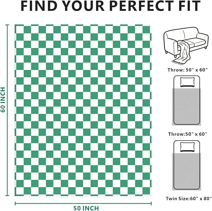 Edenleaf Green Checkered Blanket, Ultra Soft Cozy Flannel - Checkered Grid Print Throws for Bed Sofa Couch, Luxury Throw Blanket for All Seasons, 50x60 Inch, Jade Green
