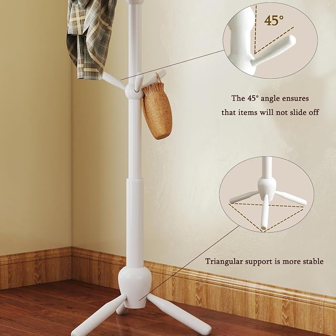 Solid Wood Coat Rack Stand, Morden Heavy Duty Coat Hanger Stand with 9 Hooks, 3 Adjustable Size Sturdy Coat Tree for Living Room, Entryway, Office, Hallway, White - Image 6