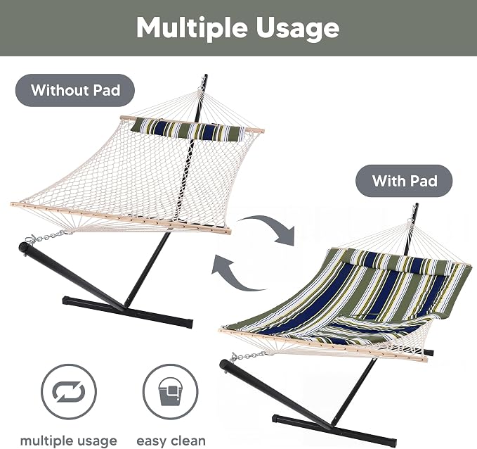 SUNCREAT Hammocks Double Outdoor Hammock with Stand, Cotton Rope Two Person Hammock with Polyester Pad & Large Pillow, Blue& Gray - Image 3