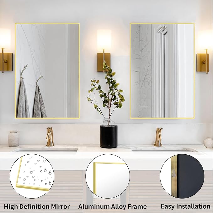 Sunniry Gold Mirror Bathroom, Bathroom Mirrors for Over Sink 24x36 inch, Rectangle Mirrors with Aluminum Metal Frame for Wall Décor, Living Room, Entryway, Bedroom. - Image 2