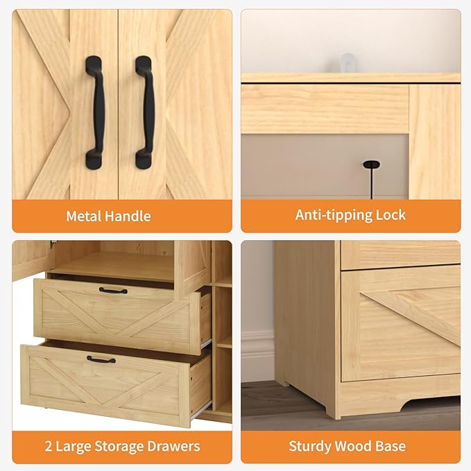 3 Door Wardrobe Closet with Mirror, Bedroom Armoire Wardrobe Closet with Lights, 2 Drawers, Hanging Rod and Cabinet, Large Clothes Storage Organizer, 47.2 x 19.68 x 71.65 in,Natural