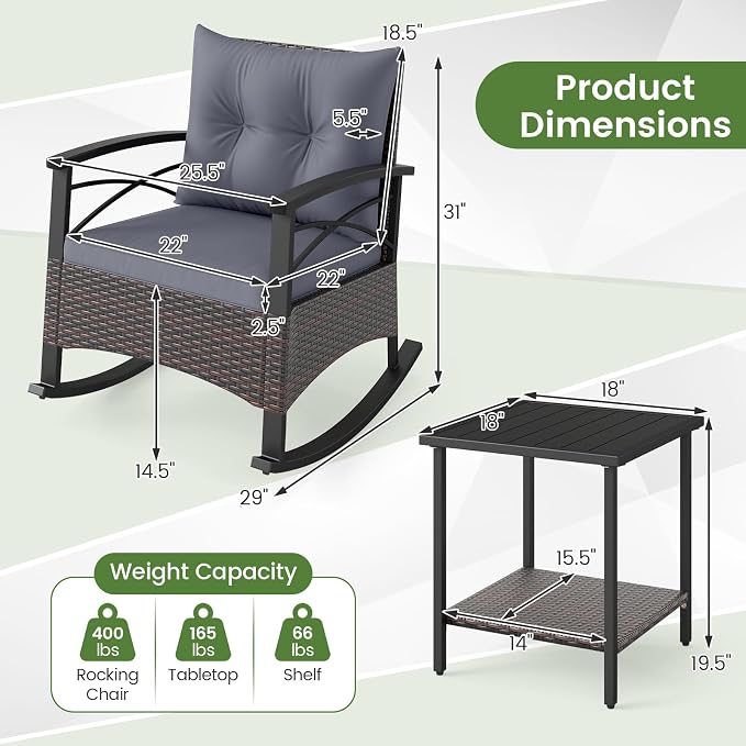 Tangkula 3 Pieces Outdoor Rocking Chairs Set, Rattan Heavy Duty Cushioned Rocker Chairs with 2-Tier Tempered Glass Coffee Table, for Garden, Balcony, Backyard (Gray) - Image 4