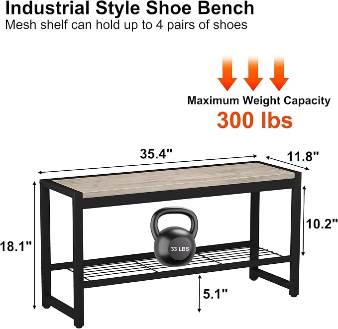 HOMEFORT 2 Tiers Shoe Bench, Retro Industrial Shoe Storage Bench with Mesh Shelf and Sturdy Metal Frame, Metal Shoe Rack Bench for Hallway, Mudroom, Living Room, Washed Gray - Image 3