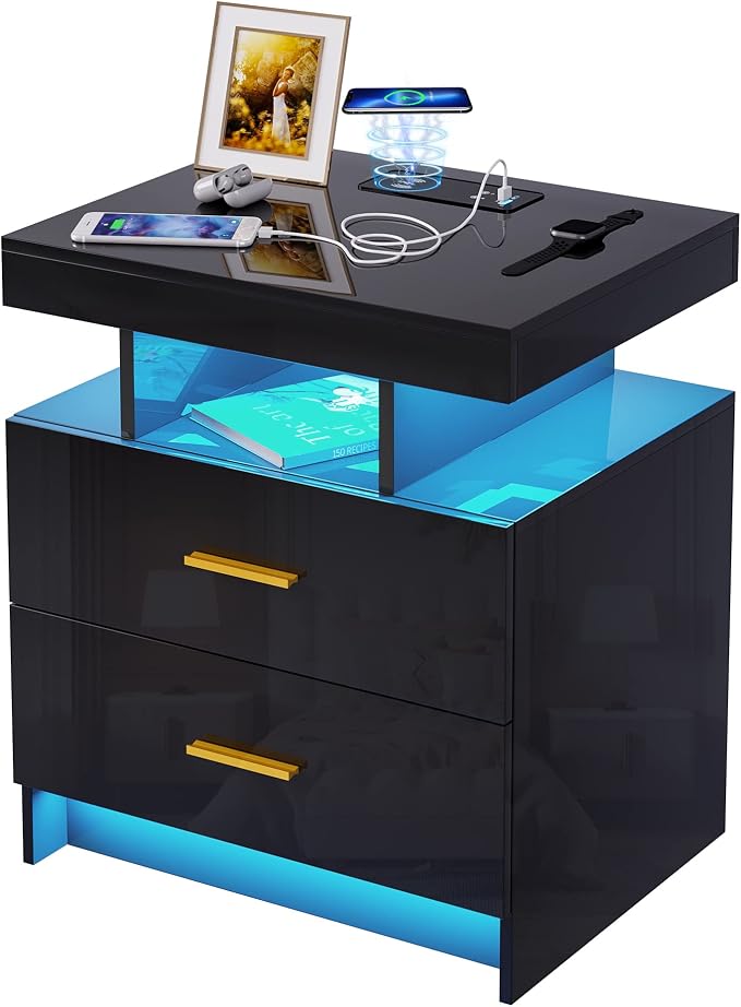 HNEBC Auto LED Nightstands Set of 2,Modern Bedside Table with USB Ports & Wireless Charging Station,High Gloss Bedside Tables with 2 Drawers,Nightstands for Bedrooms/Living Room/Office (Black) - Image 11
