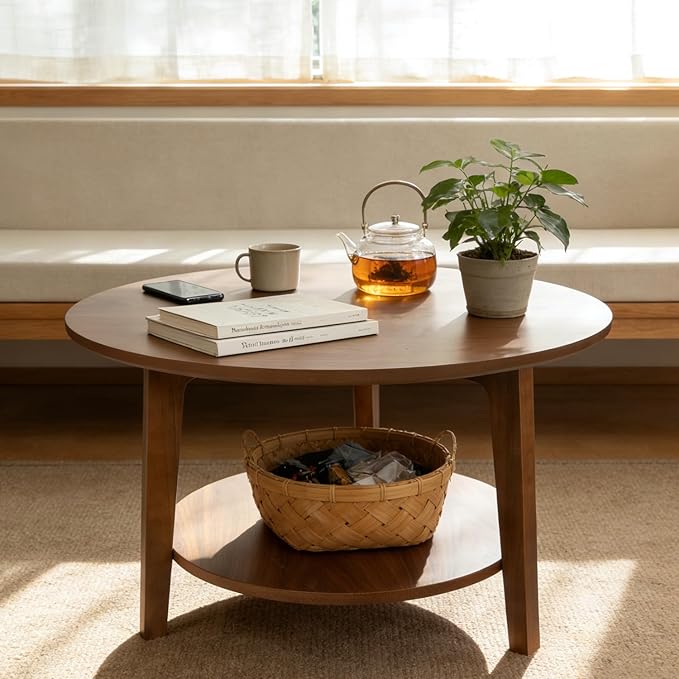 2-Tier Round Coffee Table Wood Nesting Side Table (Walnut Coffee Table, 28x28x18)