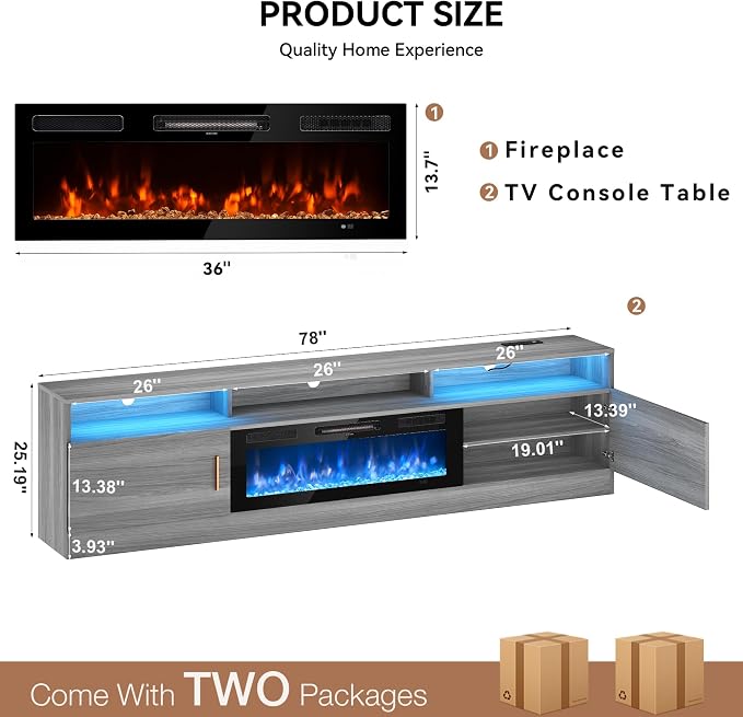MXV 78" Fireplace TV Stand with Power Outlet for TVs UP to 90", Electric Fireplace Entertainment Center with LED Lights & Storage Cabinets, TV Console for Living Room, Office, Grey-Black - Image 2