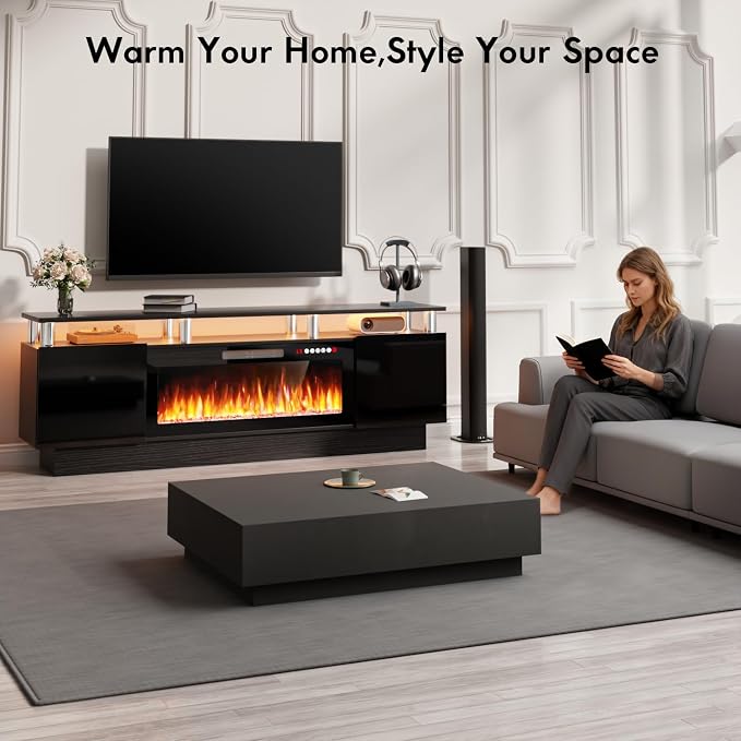 TAVATA 70" Fireplace TV Stand with 36" Fireplace for TVs up to 80", Modern Wooden Entertainment Center with LED Lights for Living Room Bedroom, High Gloss TV Console Cabinet with Open Shelf, Black - Image 7