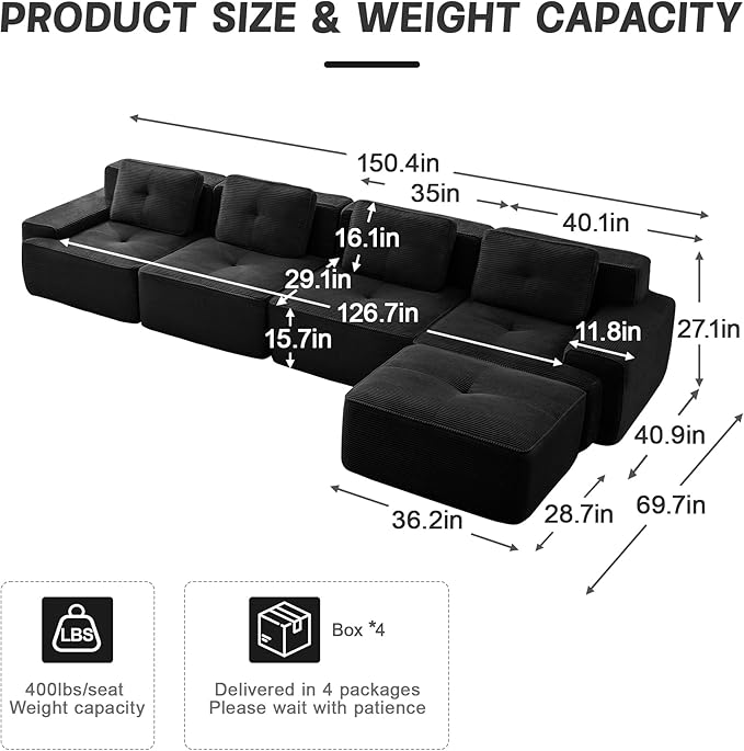 Casaphoria 150'' Corduroy Cloud Couch, 4-Seat L-Shaped Sectional Sofa with 4 Pillows & Ottoman for Living Room, Deep Seat Boneless Couch for Modern Apartment, No Assembly Required, Black