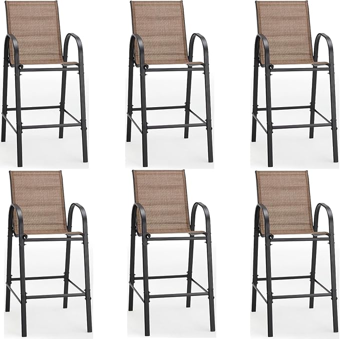HOMREST Outdoor Bar Height Stools Set of 6,High Back Patio Chairs with Armrests,Textilene Chairs with Breathable Fabric & Metal Frame for All Weather,Brown by HOMREST