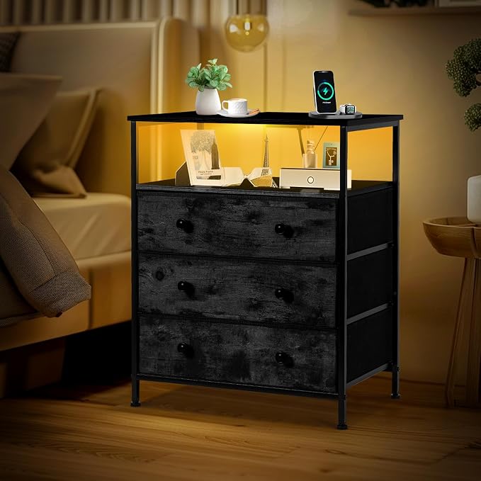 3 Drawers Dresser with Charging Station, 24 Inch Wide LED Night Stand Set 2 with Adjustable Fabric Drawer, Nightstand with Storage Shelf for Living Room/Bedroom/Office, Black. - Image 2