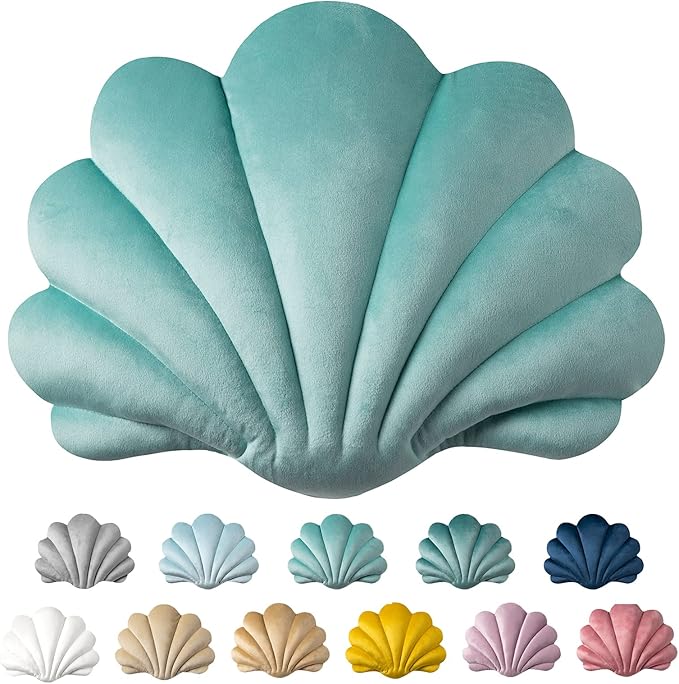 Ashler 3D Throw Pillows Shell Shaped Accent Throw Pillow, Soft Velvet Insert Included Cushion for Couch Bed Living Room, Pack of 1, Turquoise, 14 X 11 inches