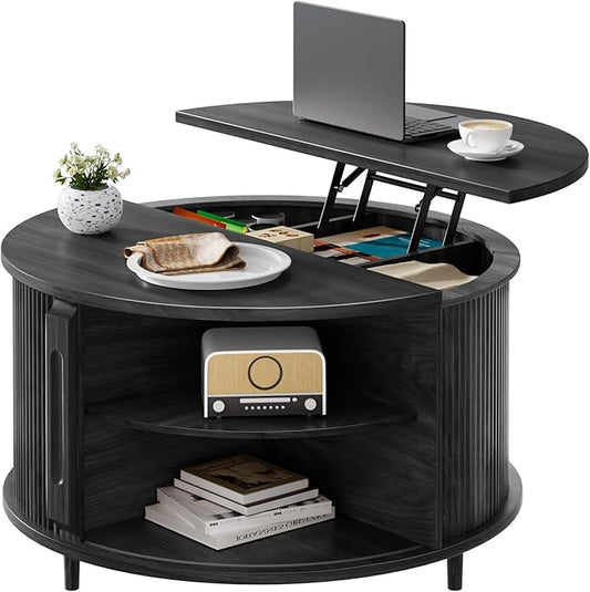 Round Lift Top Coffee Table, 31.5" Fluted Wood Lift Up Center Table with Sliding Door & Hidden Storage – Mid Century Modern Circle Coffee Table for Living Room, Home Office, Apartment (Black)
