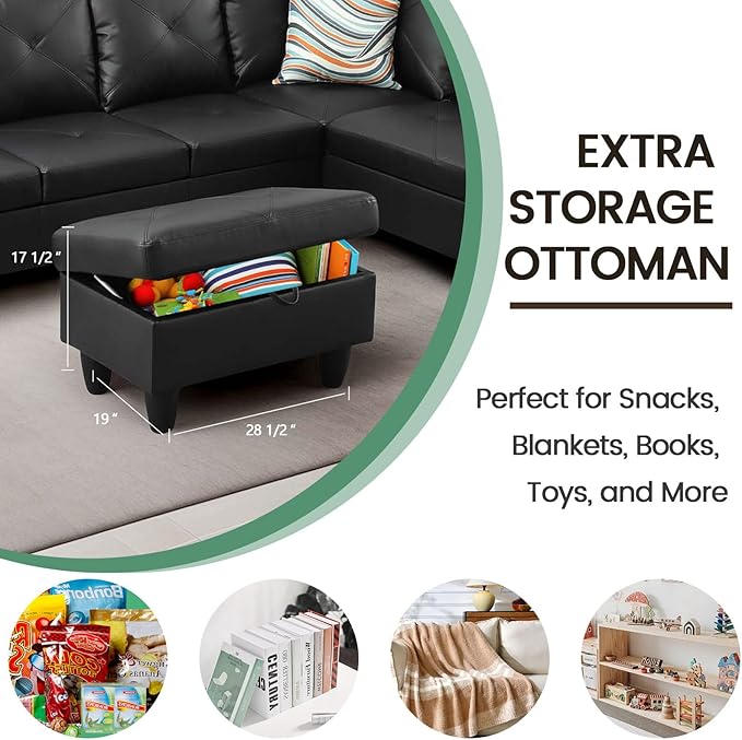Sectional Couches for Living Room Furniture Sets, 4 Seat L Shaped Couches with Ottoman, Modular Sectional Sofa for Apartment Furniture Sets, Black