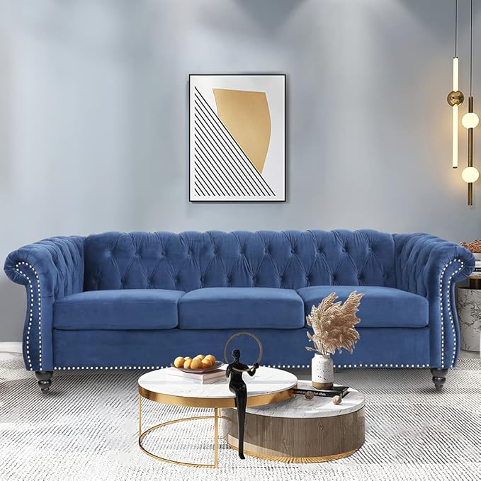 LEVNARY Three-Seat Velvet Sofa, Large Sofa Classic Tufted Chesterfield Settee Modern 3 Seater Couch Furniture Tufted Back for Living Room, Blue