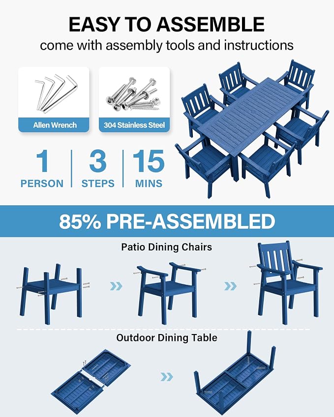 YEFU Patio Dining Chairs Set of 6: All Weather Outdoor Dining Chairs with Wide Curved Seat and Backrest - Outdoor Furniture Plastic for Outside Backyard/Garden/Porch/Deck 350lbs Capacity Blue - Image 2