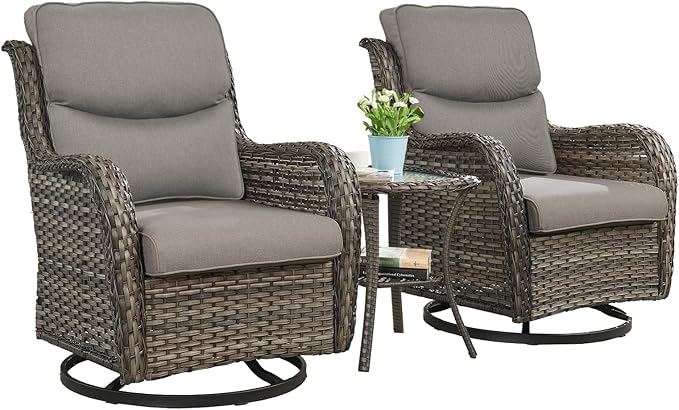 Rilyson Wicker Rocking Chair Swivel Chairs - 3 Piece Rocker Patio Furniture Set Rattan Rocking Bistro Sets with Glass Top Side Table for Outdoor Porch Deck Garden Backyard (Mixed Grey/Grey/Smile)