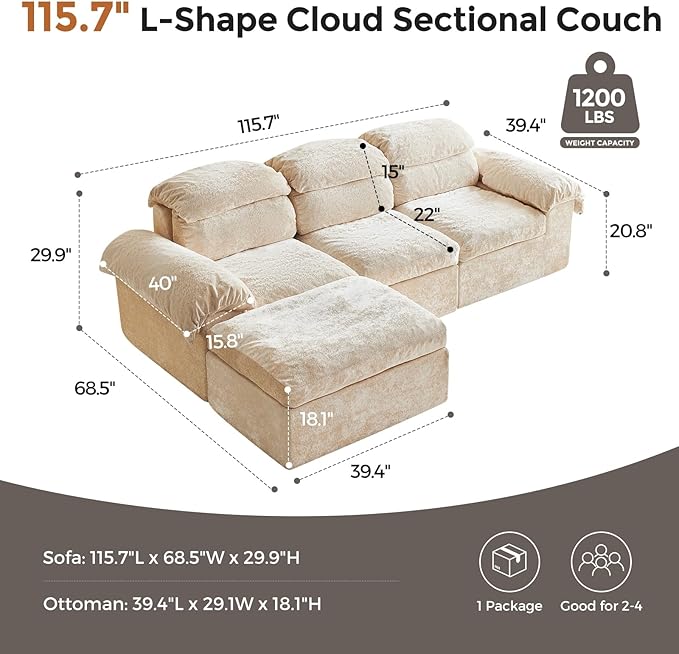 Boneless Couch, L Shaped Cloud Couches for Living Room, Comfy Fluffy Modular Sectional Sofa, Deep Seat Memory Foam Lounger with Left Facing Chaise, Free Combination, Beige