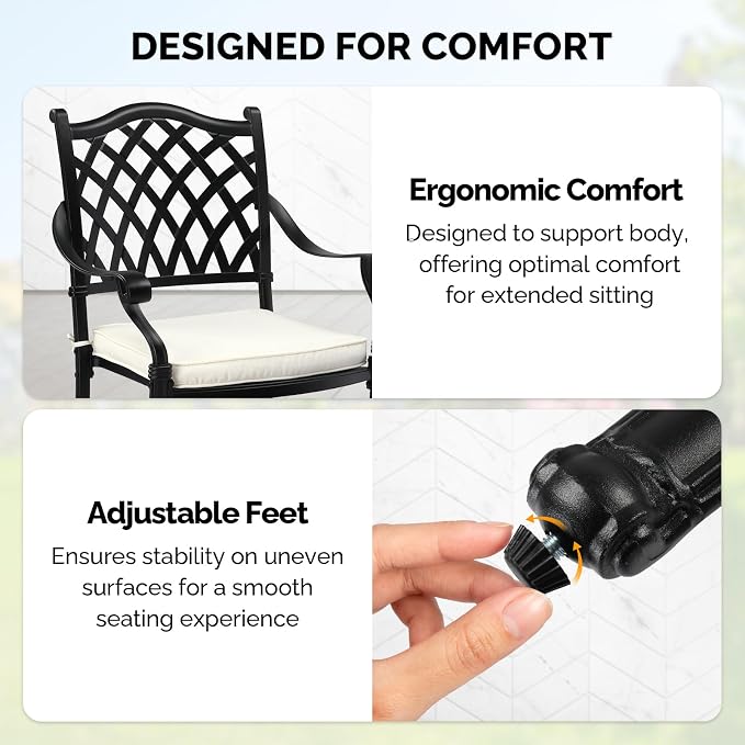 VINGLI Patio Chairs Set of 4 - Stackable Outdoor Cast Aluminum Dining Chairs with Vintage Black Finish and Diamond Pattern, Metal Armchairs for Poolside, Backyard, Balcony (with Cushion) - Image 5
