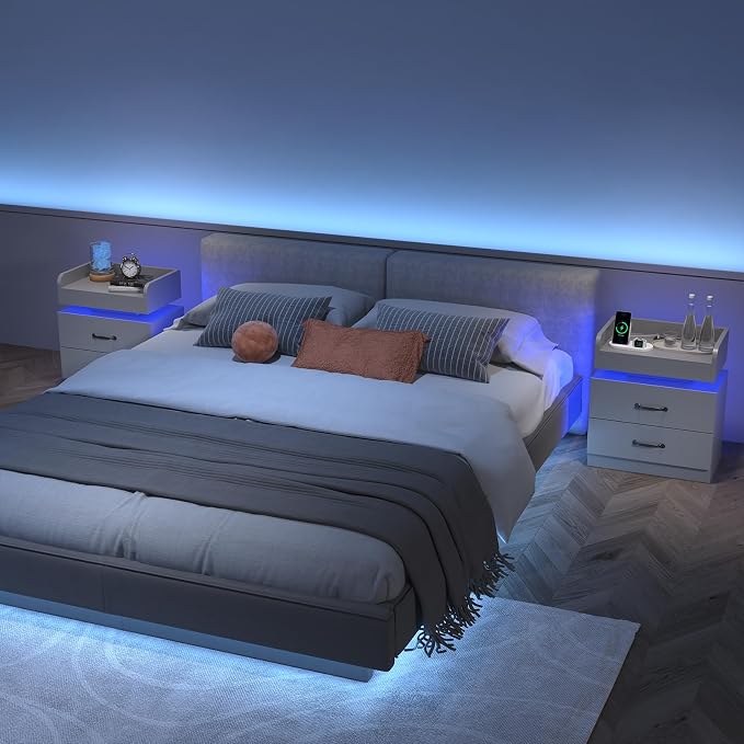 4ever2buy Grey Nightstand with Charging Station and LED Lights Modern Bedside Table with 2 Drawers End Table for Bedroom - Image 6