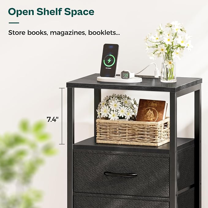 Huuger Nightstands Set of 2, End Tables with Charging Station, Side Tables with Fabric Drawers, Bedside Tables with USB Ports and Outlets, Night Stands for Bedroom, Black - Image 7