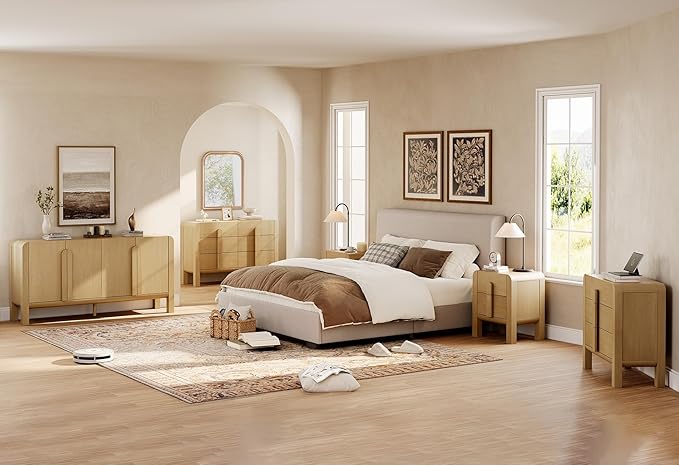 WAMPAT 3 Piece Dresser and Nightstand Sets for Bedroom, 47.2" W Modern 6 Drawer Dresser & 23.7” Tall Nightstand Set of 2 with Charging Station for Bedroom, Curved Profile Design, Oak