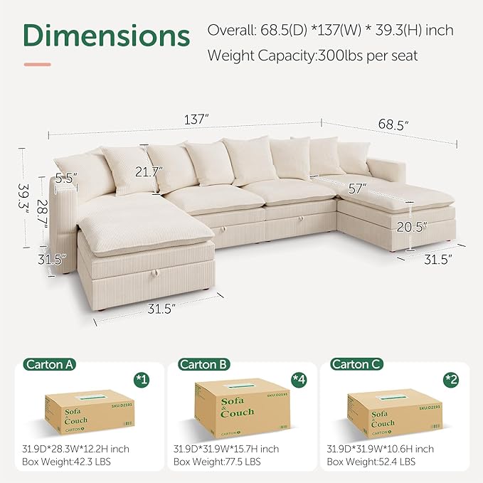 HONBAY Modular Sectional Sofa, 137 Inch U Shaped Corduroy Couch with Storage, Convertible Sectional Sofa with Deep Seat, Beige