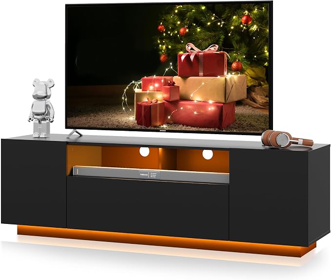 WLIVE Modern TV Stand for 65 Inch TV, Entertainment Center with LED Lights & Large Storage Cabinets, Sturdy Media Console for Living Room, Bedroom, Gaming(Black) by WLIVE