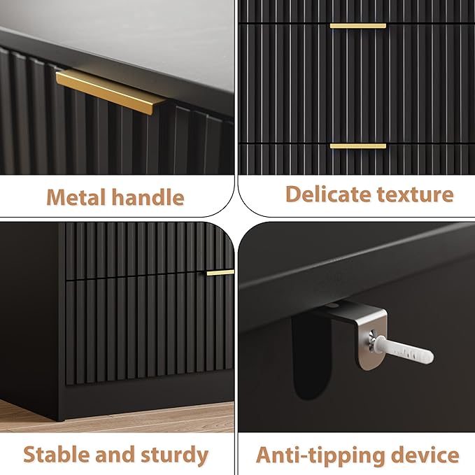 MAISONARIA 3-Piece Dresser Bedroom Set, 5 Drawer Dresser & 3 Drawer Nightstands with Gold Handles, Fluted Wood Chest of Drawers for Bedroom, Living Room, Entryway, Black