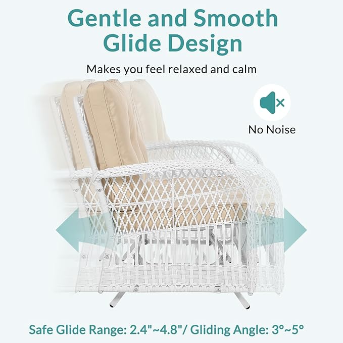 MEETWARM Outdoor Wicker Patio Glider Set, Loveseat for 2 Person Porch Furniture Glider with Glass-Top Coffee Table, Patio Glider Rocking Bench with Thickened Cushions, White Wicker/Beige